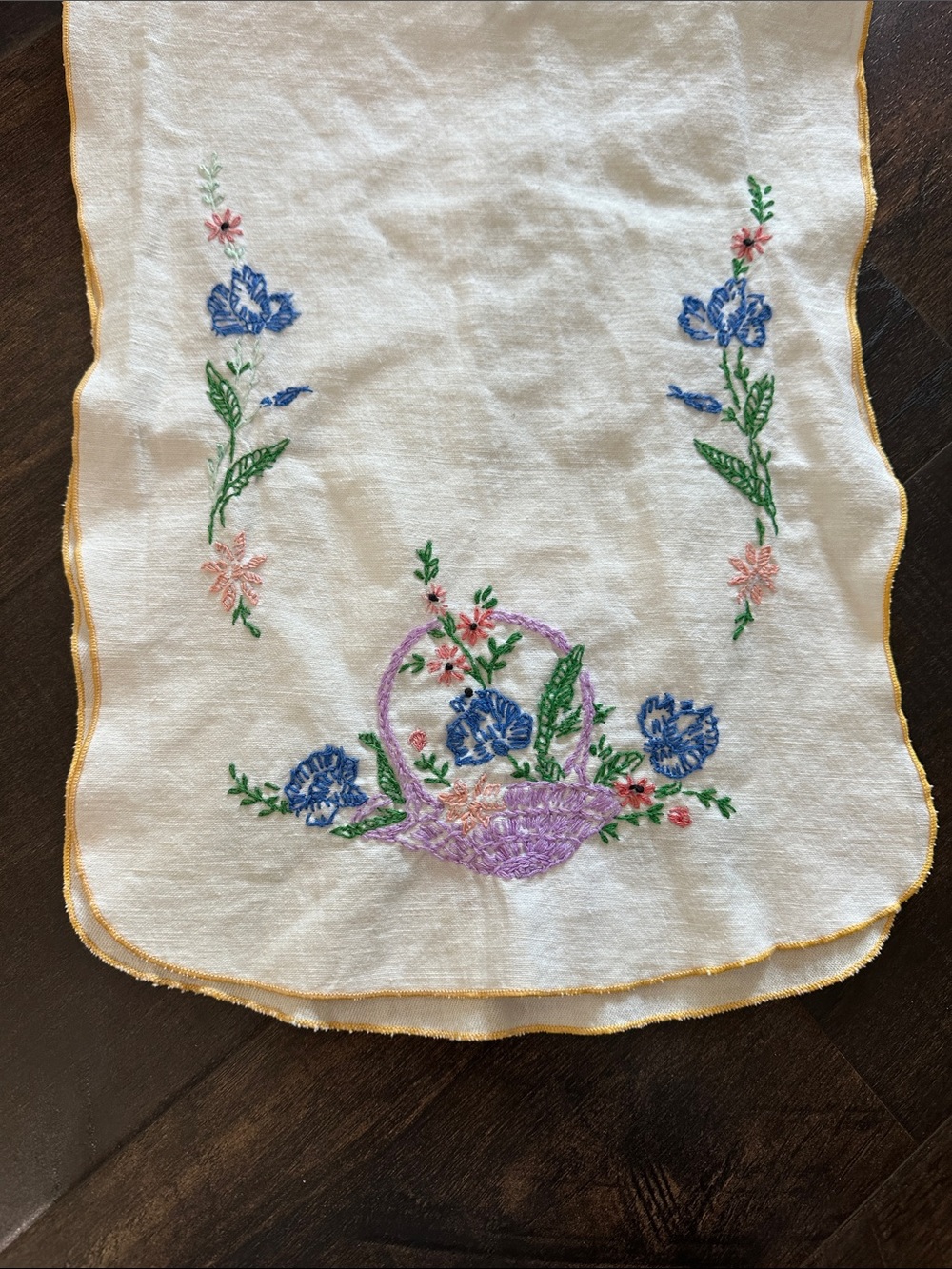 Vintage hand embroidered dresser scarf or runner 29” x 11”